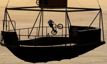 Red Bull BMX rider Kriss Kyle performs tricks on floating skatepark 2,000ft in the air