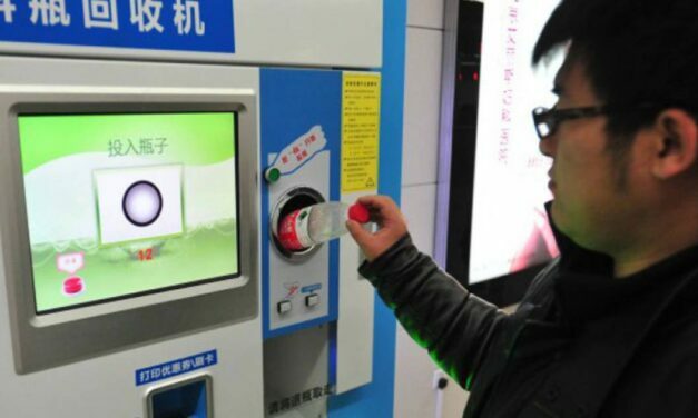 Subway riders in Beijing can pay for their trip by placing plastic bottles in a recycling bin