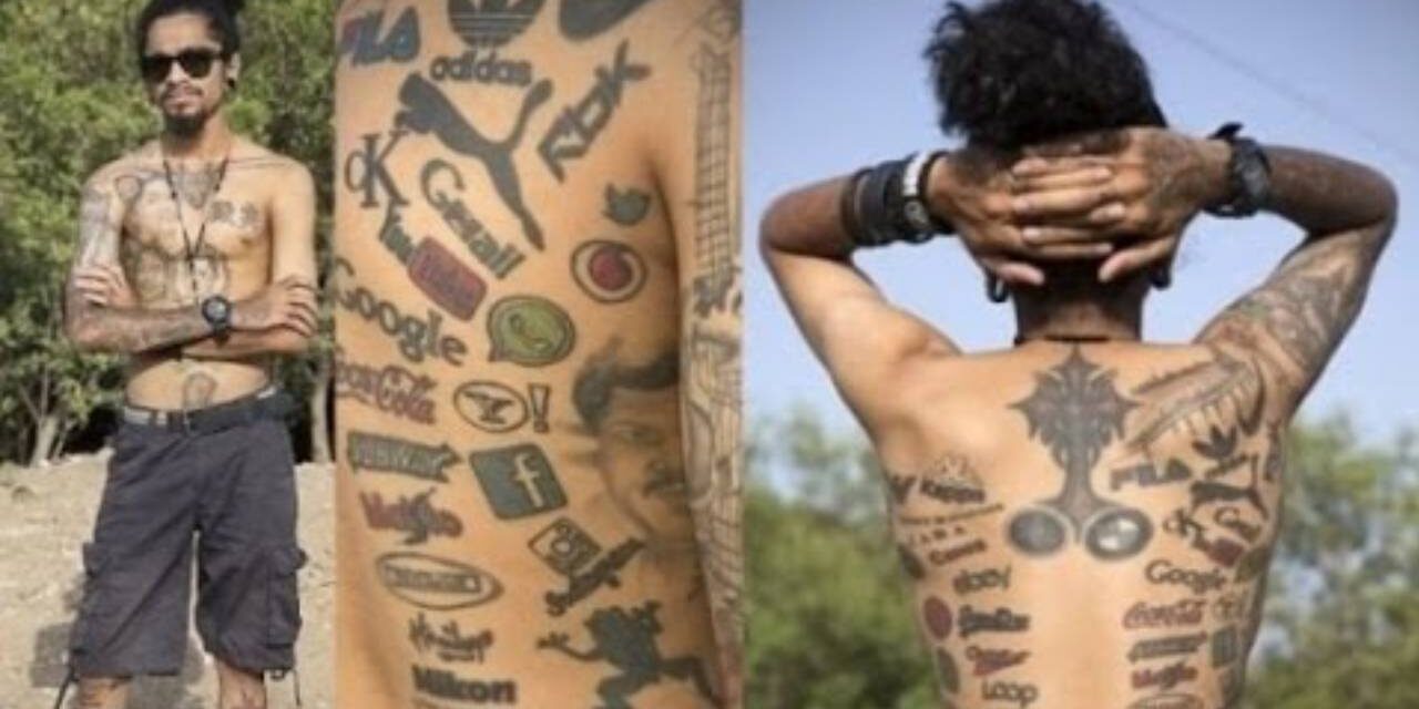 Walking Advertising Billboard Tattoos His Body with Logos of His Favorite Brands, for Free