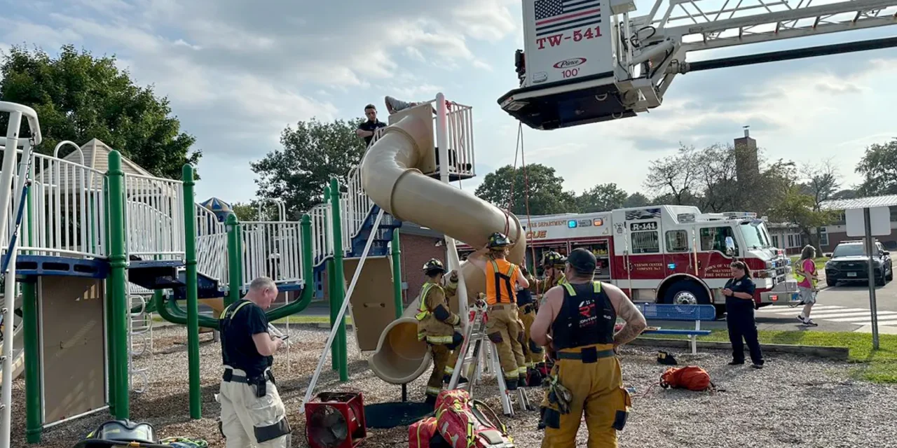 Firefighters cut open playground slide to rescue 40-year-old man stuck inside