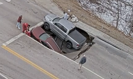 Terrifying moment caught on camera as road collapse suddenly swallows vehicles at busy intersection