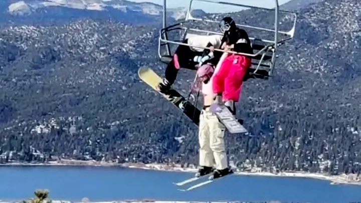 Skier’s prank backfires, leaving her dangling 65 feet in the air as twin desperately holds on