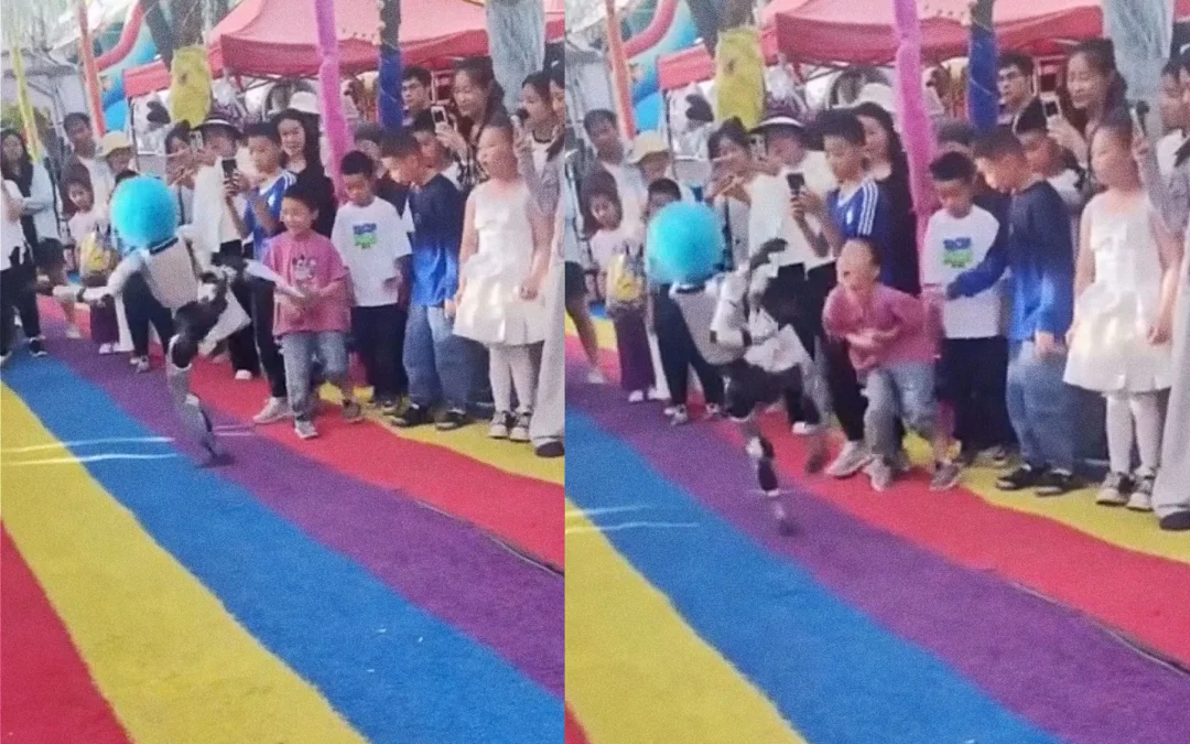 Robot in Clown Wig Roundhouse Kicks Small Child