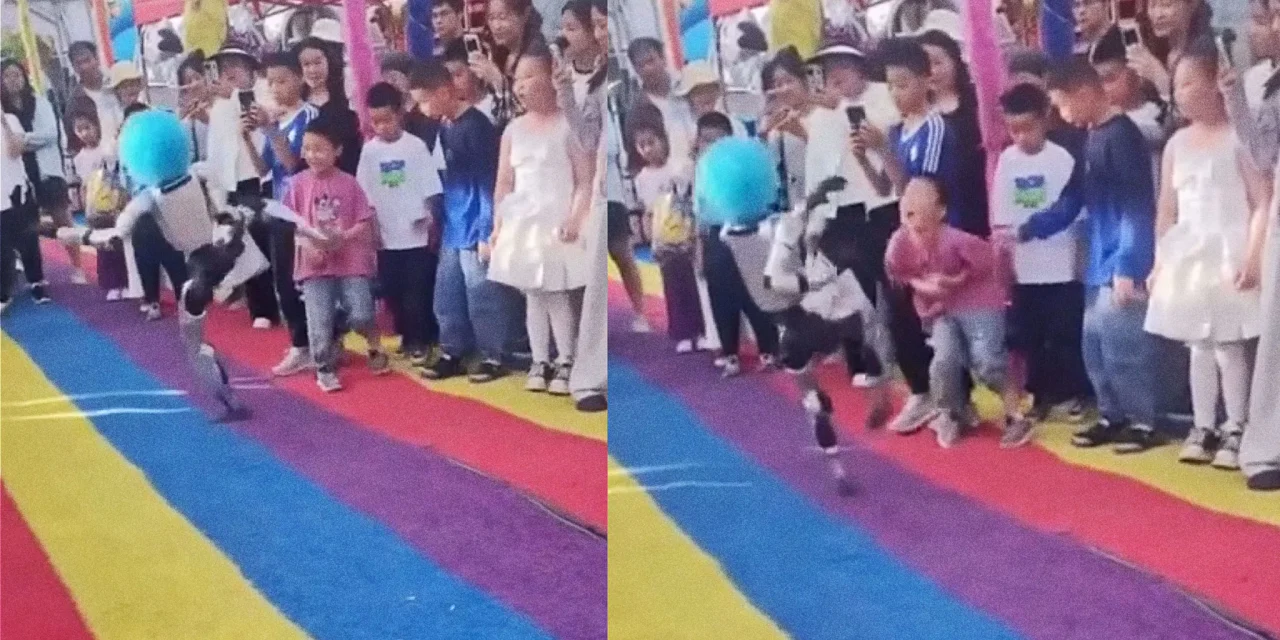 Robot in Clown Wig Roundhouse Kicks Small Child