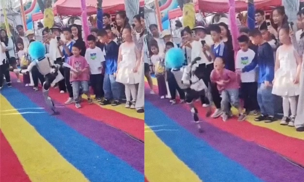 Robot in Clown Wig Roundhouse Kicks Small Child